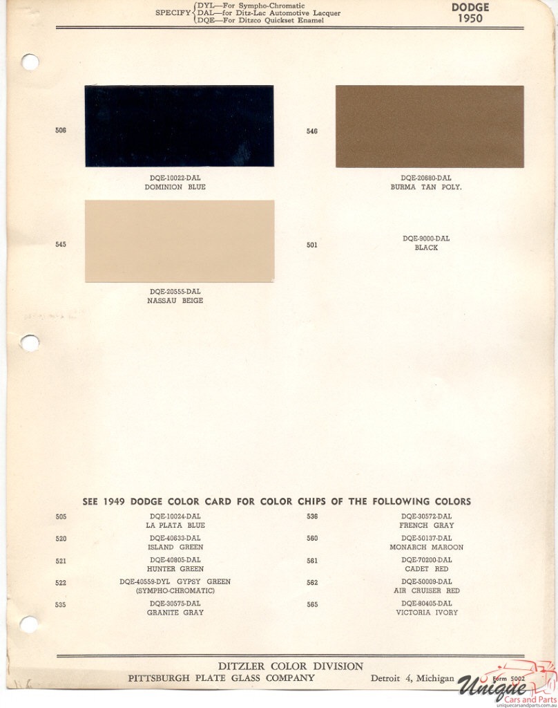1950 Dodge Paint Charts PPG 1